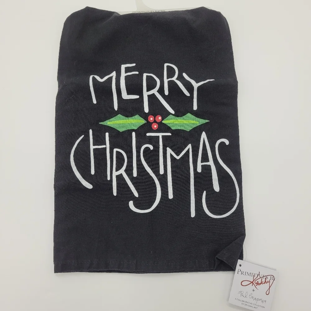 Primitives By Kathy Merry Christmas Black Kitchen Towel Cotton Holiday Holly NEW